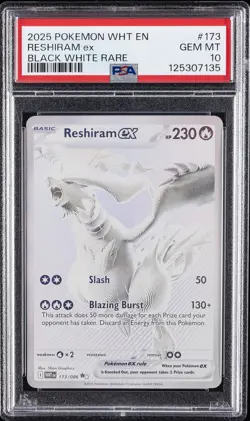 2025 POKEMON WHT EN-WHITE FLARE BLACK WHITE RARE #173 RESHIRAM EX PSA 10 - Image 1