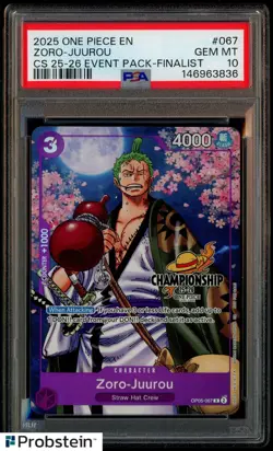2025 One Piece EN Championship 25-26 Event Pack Finalist #067 Zoro-Juurou PSA 10 - Image 1