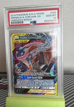 2019 POKEMON SUN & MOON UNBROKEN BONDS #107 GRENINJA & ZOROARK GX PSA 10 - Image 1