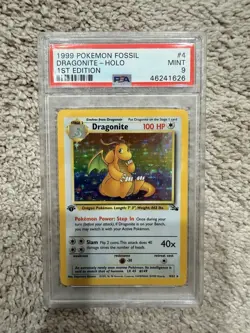 1999 Pokemon Fossil Dragonite Holo 1st Edition PSA 9 MINT English - Image 1