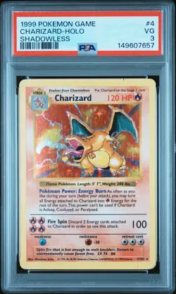 1999 POKEMON GAME SHADOWLESS #4 CHARIZARD-HOLO PSA 3 - Image 1