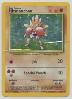 Hitmonchan 1999 Pokemon Base Set Unlimited Holo Rare #7/102 - HP/DMG - Image 1