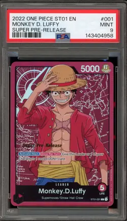 One Piece CCG Monkey.D.Luffy Super Pre-Release ST01-001 PSA 9 Mint - Image 1