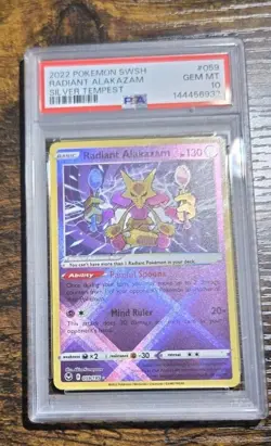 2022 POKEMON SWORD & SHIELD SILVER TEMPEST #059 RADIANT ALAKAZAM PSA 10 - Image 1