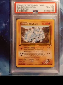 PSA 10 GEM MINT Blaine's Rhyhorn 65/132 1st Edition Gym Pokemon Card 205 - Image 1