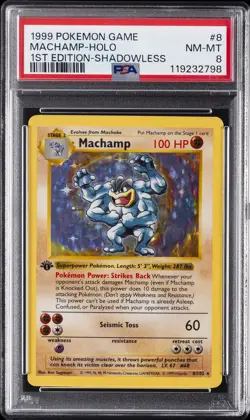 1999 POKEMON GAME 1ST ED-SHADOWLESS #8 MACHAMP-HOLO PSA 8 - Image 1