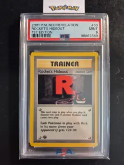 First Edition 2001 Pokemon Neo Revelation 63/64 Rocket's Hideout PSA Mint 9 - Image 1