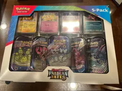 SEALED Pokemon Scarlet Violet Paldean Fates 5 Mini Tins - 4 Promos Costco Bundle - Image 1