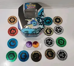 Lot of 16x Official Pokemon TCG Coins Lot & Vaporeon Evolutions Card Tin (Empty) - Image 1