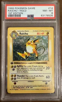 Pokemon Raichu Base Set Shadowless 1st Edition Holo Rare #14 PSA 8 Vintage WOTC - Image 1