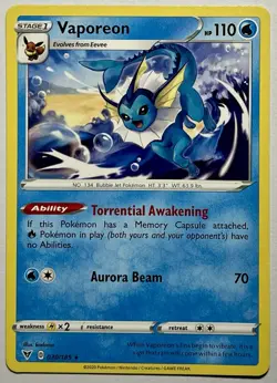 Vaporeon 030/185 (LP) Rare Sword & Shield: Vivid Voltage 2020 Pokemon Card TCG - Image 1