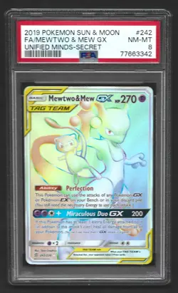 Pokemon Mewtwo & Mew GX 242/236 Full Art Secret Rare Unified Minds PSA 8 NM-MT - Image 1