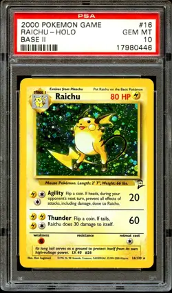 PSA 10 GEM MINT Raichu 16/130 HOLO RARE Base Set 2 Pokemon Card - Image 1