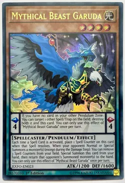 EXFO-EN023 Mythical Beast Garuda - Ultra Rare 1st Edition Near Mint YuGiOh Card - Image 1