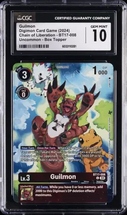 2024 DIGIMON CARD GAME #BT17-008 GUILMON CGC 10 GEM MINT - Image 1
