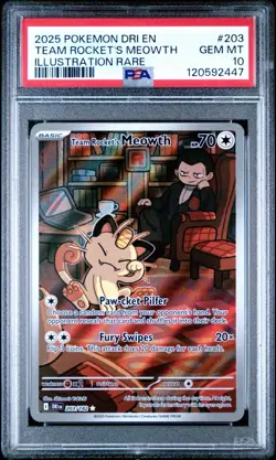 2025 Pokemon Team Rocket’s Meowth Illustration Rare #203 PSA 10 Destined Rival - Image 1