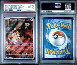2025 Pokemon Team Rocket’s Meowth Illustration Rare #203 PSA 10 Destined Rival - Image 3