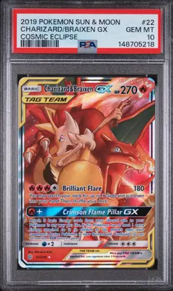 2019 POKEMON SUN & MOON COSMIC ECLIPSE #22 CHARIZARD & BRAIXEN GX PSA 10 - Image 1