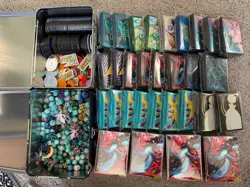 Pokemon ETB Sleeves, Coins, Deck Box’s, Dice, Pins, 2 lunch box’s, (accessories) - Image 1