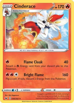 Cinderace (036) Pokemon SWSH01: Sword & Shield Base Set 036/202 NM - Image 1