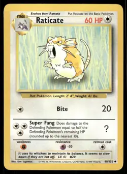 Pokemon Cards Raticate 40/102 Base Set WOTC Uncommon NM - Image 1