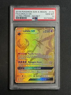 PSA 10 Lunala GX (Secret Rare) Gold Holo Rare 172/156 Sm-Ultra Prism Pokemon - Image 1
