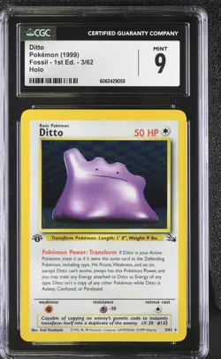 CGC 9 MINT Ditto 1999 Fossil 1st Edition 3/62 Holo Pokemon Card psa - Image 1