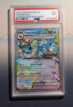 2025 POKEMON PRE EN-PRISMATIC EVOLUTIONS SURPRISE BOX VAPOREON EX PSA 9 - Image 1