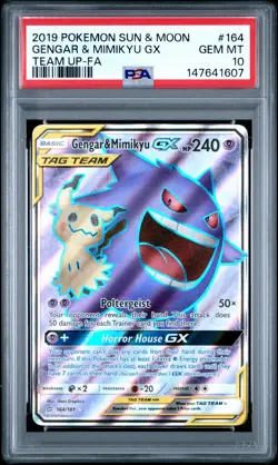 2019 POKEMON SUN & MOON TEAM UP #164 FULL ART/GENGAR & MIMIKYU GX PSA 10 - Image 1