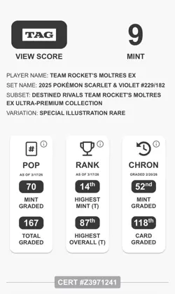 Pokemon TCG Destined Rivals Team Rocket's Moltres EX Full Art 229/182 TAG 9💥📈 - Image 3
