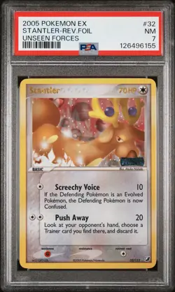 2005 POKEMON EX UNSEEN FORCES #32 STANTLER-REVERSE FOIL PSA 7 - Image 1