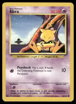 Abra 1999 Base Set Unlimited WOTC Vintage Pokemon Card 43/102 (LP-NM) - Image 1