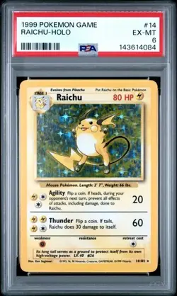 PSA EX-MT 6: 1999 Pokemon Game Raichu - Holo 14/102 Base Set - Image 1