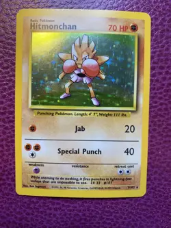 Pokemon Card TCG Hitmonchan Holo Rare Card Base Set 7/102, 1999 LP - Image 1
