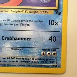 [NM] 1999 Pokemon Fossil Kingler 1st Edition #38/62 Uncommon NM - Image 5