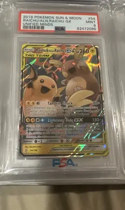 Raichu & Alolan Raichu GX 54/236 Unified Minds PSA 9 Mint Pokemon Card - Image 1
