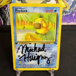 Michael Haigney Autographed 1999 Pokemon Fossil 1st Edition Psyduck 53/62 Card - Image 1