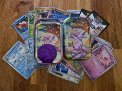 OPENED Prismatic Evolutions Mini Tin - Espeon w/ Card, Coin and x 24 Cards MINT! - Image 1