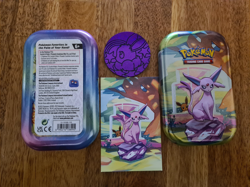 OPENED Prismatic Evolutions Mini Tin - Espeon w/ Card, Coin and x 24 Cards MINT! - Image 2