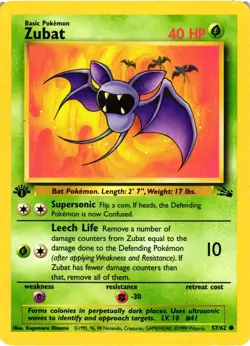 Pokemon TCG Zubat 57/62 Fossil 1st Edition Common HP/DMG - Image 1