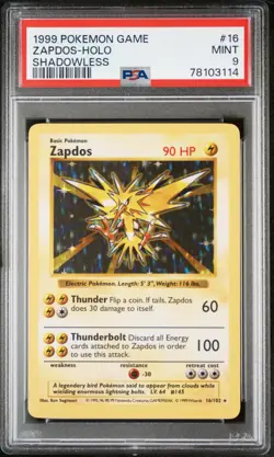 1999 POKEMON BASE SET SHADOWLESS #16 ZAPDOS-HOLO PSA 9 - Image 1