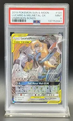 Pokemon Sun & Moon Unbroken Bonds LUCARIO MELMETAL GX 120/214 PSA 9 🔥🔥🚀 - Image 1