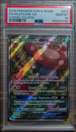 2019 POKEMON SUN & MOON COSMIC ECLIPSE #211 FULL ART/VILEPLUME GX PSA 10 - Image 1