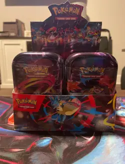 Pokemon TCG Mega Heroes 10 Mini Tins w: Display Box - Sealed Same-Day Shipping - Image 1