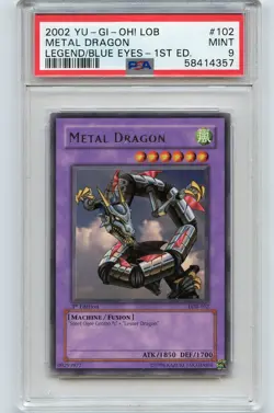 2002 YU-GI-OH LOB 1st EDITION #102 "METAL DRAGON", LEGEND OF BLUE EYES - PSA 9 - Image 1