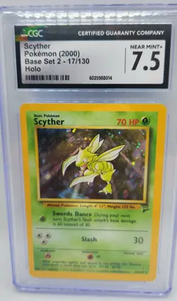 SCYTHER Holo Base Set 2 Rare 2000 Pokemon Card Game # 17/130 CGC 7.5 NEAR MINT+ - Image 1