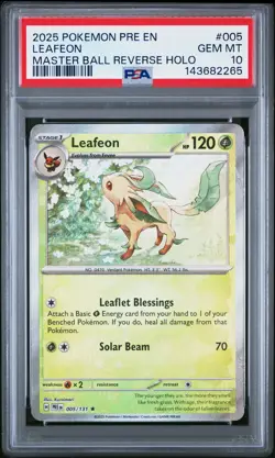 PSA 10 Leafeon 005 Master Ball Reverse Holo Pokemon Prismatic Evolutions - Image 1