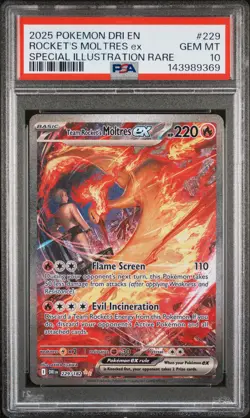 2025 POKEMON DRI EN-DESTINED RIVALS #229 TEAM ROCKET'S MOLTRES EX PSA 10 - Image 1