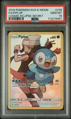 2019 Pokemon Piplup Secret Cosmic Eclipse Rare Full Art #239 PSA 10 - Image 1