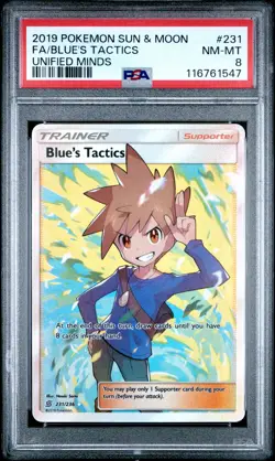 2019 POKEMON SUN & MOON UNIFIED MINDS #231 FULL ART/BLUE'S TACTICS PSA 8 - Image 1
